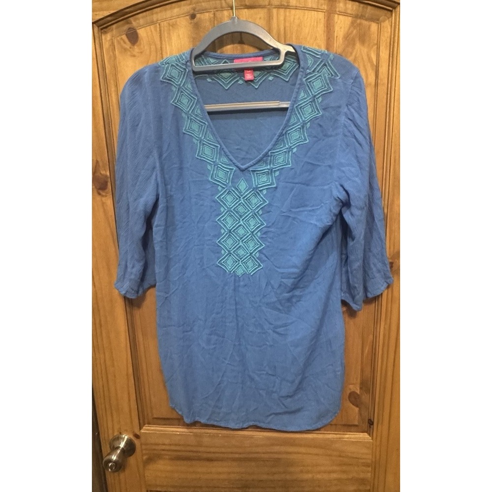 Lilly Pulitzer For Target Women's S Blue Embroidered V-neck Tunic Top 3/4 Sleeve